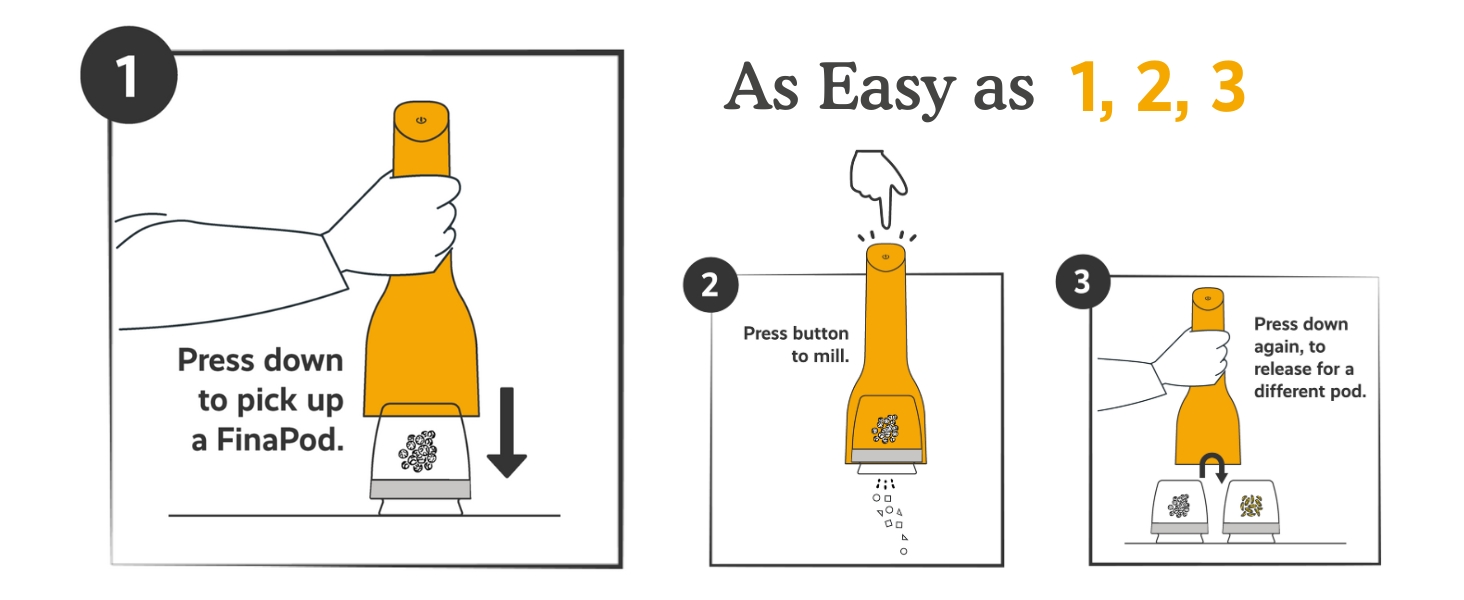 Press down to pick up a FinaPod. Press button to mill. Press down again, to release pod.