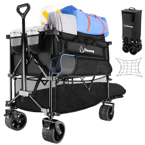 Beach Wagon Carts Foldable Heavy Duty Collapsible Wagon Double Decker Wagon Garden Cart Grocery Cart Beach Wagon with Big Wheels for Sand Shopping Camping(Black)