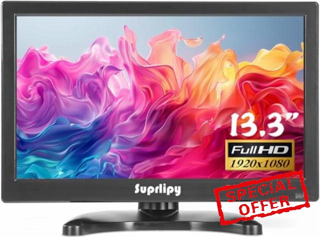 13.3 inch FHD Small IPS Monitor LCD Display Screen 1920x1080 60Hz 16:9 with BNC VGA AV Input Built-in Lounspeakers for CCTV Security Camera DVR PC RasPi