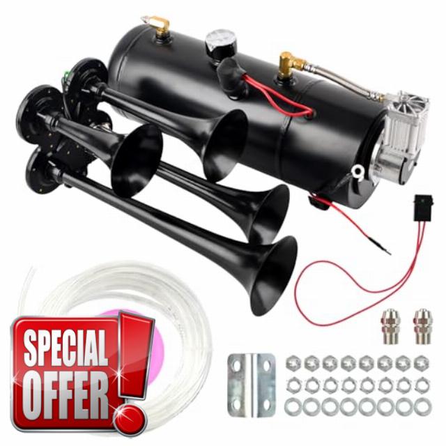 Train Horns Kit for Trucks with 150 PSI 12V Air Compressor 4 Trumpet Air Horn Compressor Tank For Trucks Car Jeep Or SUV (150DB