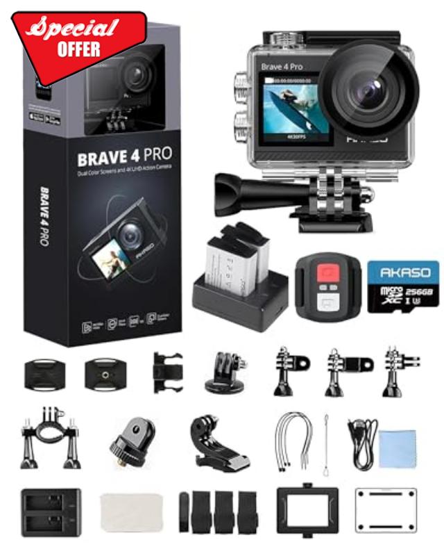 AKASO Brave 4 Pro 4K30 Action Camera with 256GB MicroSD U3 Card 131FT Underwater Waterproof Camera EIS Touch Screen Remote Control with 2x1350mAh Batteries and Helmet Accessories Kit Bundle