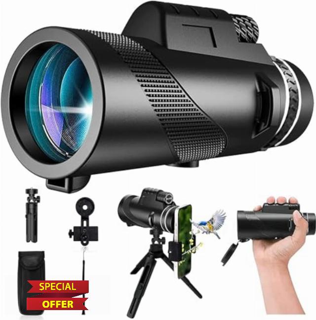 Monocular-Telescope 80x100 High Powered Monocular with Tripod and Smartphone Adapter High Definition Monoculars for Adults Suitable for Hiking Hunting Stargazing Black