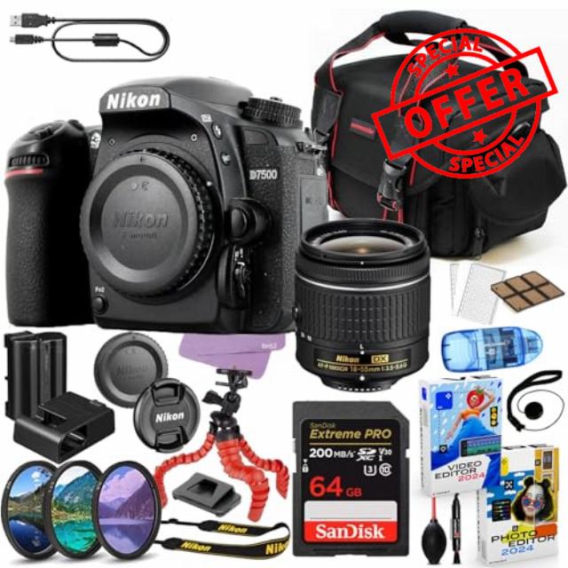 Nikon D7500 DSLR Camera with 18-55mm Lens Bundle + Accessory Package Including Sandisk 64GB Extreme Pro Memory