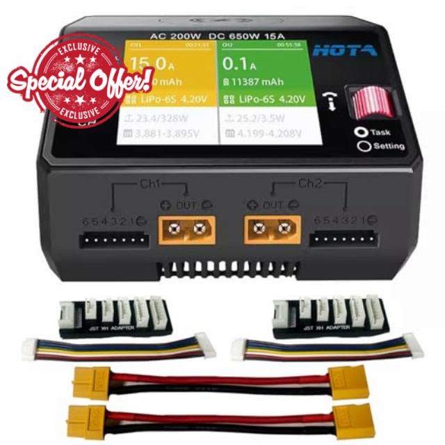 HOTA D6 Pro Lipo Battery Charger AC200W DC650W 15A Dual Channel Smart Charger Quad Multi-Functions Charging for Nicd LiHv NiMH Lipo Battery RC Drone RC Car Parts