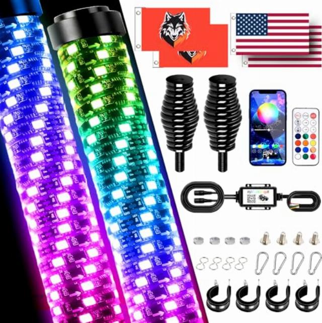 AUDEXEN 2PCS Second Generation Fat 2FT RGB Whip Lights with Heavy-Duty Spring Base