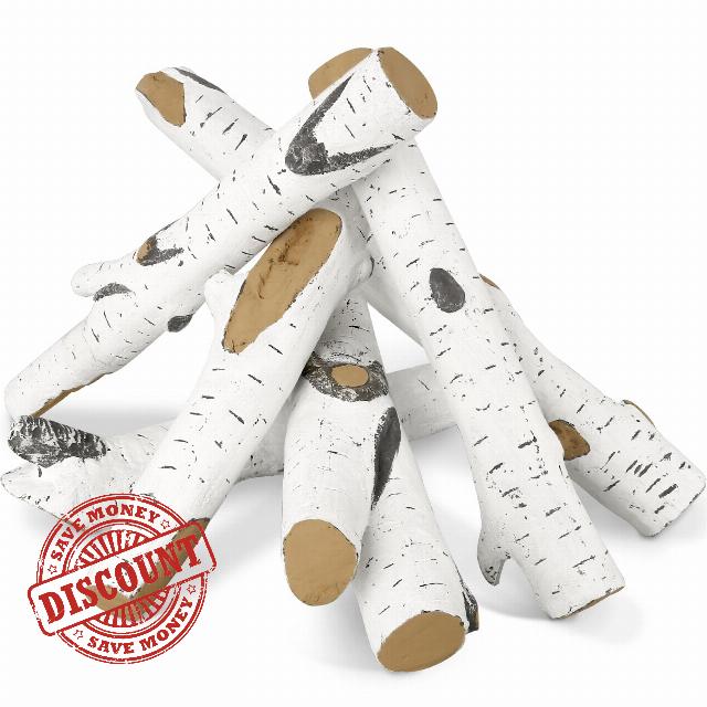 Gas Fireplace Logs Insert 23.6" Large Ceramic Log Fake Wood Ventless Propane Fuel Fire Pit Log Indoor Fireplace Inserts Outdoor Firebowl Faux Birch Decor Artificial Decorative Firewood Pack of 6
