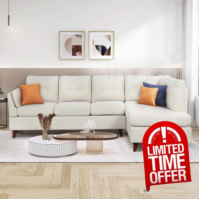 97.2" 4 Seat L-Shape Modular Sofa Comfy Couch Living Room Furniture Sets Linen Fabric Loveseat with Chaise Lounge and One Lumbar Pad Upholstered for Apartment