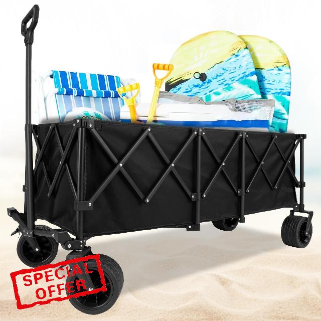 Collapsible Wagon Cart with Wheels 500 lb Large Capacity Foldable Heavy Duty for Camping Fishing Sports Shopping Black