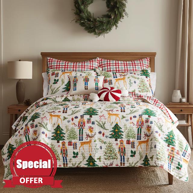 Levtex Home - Nutcracker Quilt Set - Full/Queen Quilt and Two Standard Shams - Whimsical Christmas - Red Green White Taupe - Quilt (88x92in.) and Shams (20x26in.) - Reversible - Cotton/Polyester