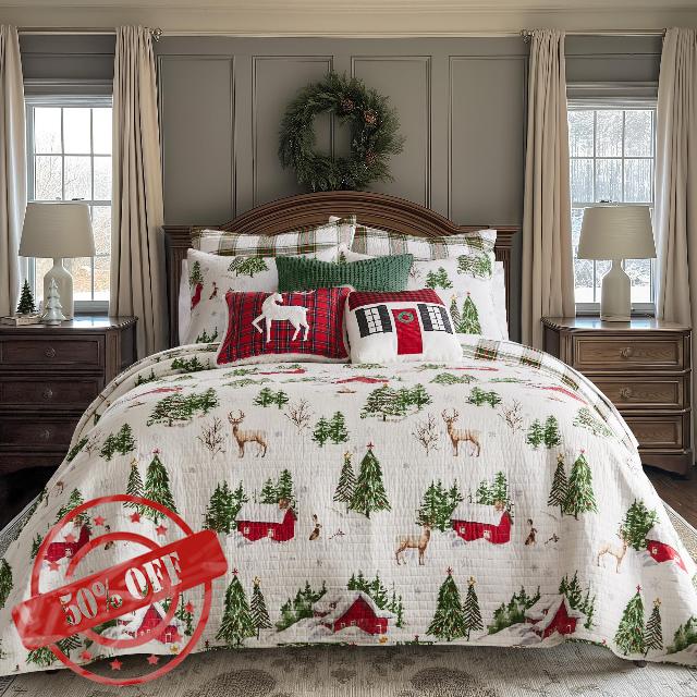 Levtex Home - Tatum Pines Bedspread Set - King Bedspread and Two King Shams - Christmas Cabin - Red