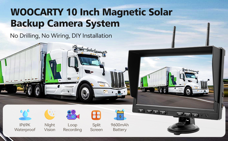 WOOCARTY 10 inch magnetic solar backup camera system