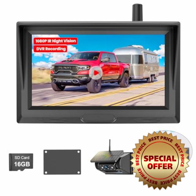 Magnetic Solar Wireless Backup Camera: 5" 1080P Recording Monitor Portable Truck Trailer Rear View Camera