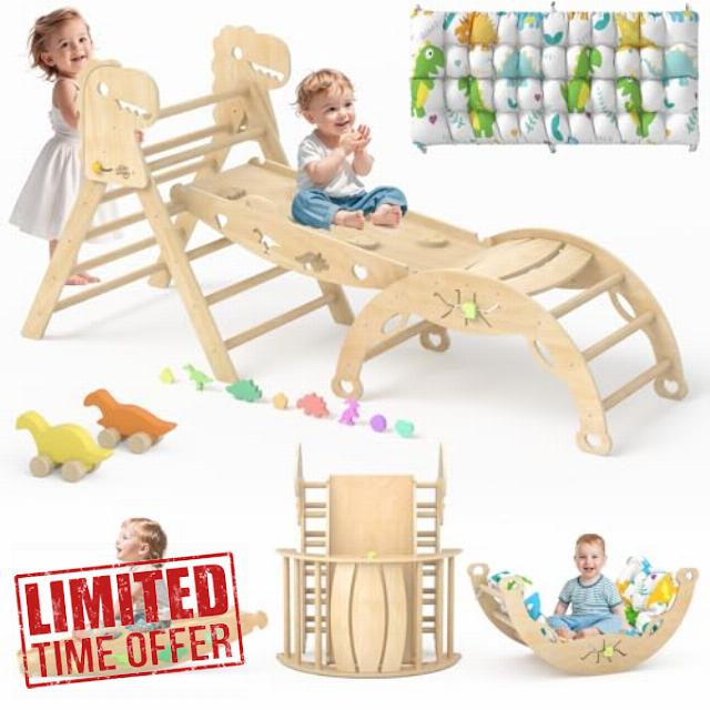 Pikler Triangle Set with Cushion 9 in 1 Climbing Toys for Toddlers 1-7 Indoor Baby Climbing Gym Toddler Montessori Toys Wooden Climbing Toys with Maze Toys