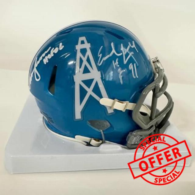 Autographed/Signed Earl Campbell & Warren Moon "HOF 91" & "HOF 06" Houston Oilers Mini Football Helmet Beckett BAS COA