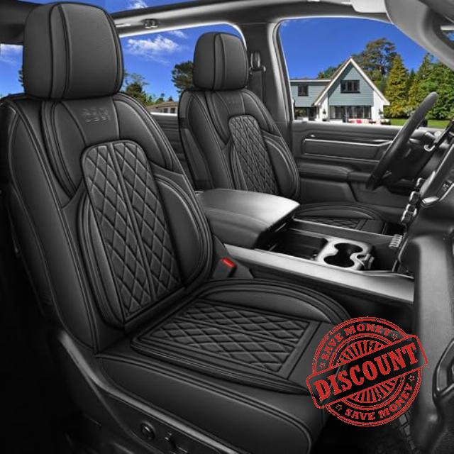 Car Seat Cover Custom Fit for Dodge Ram 1500 2500 3500 2002-2024 Faux Leather Seat Cover Set Compatible with Crew Quad Regular Cab Pickup Truck Cushions (Black