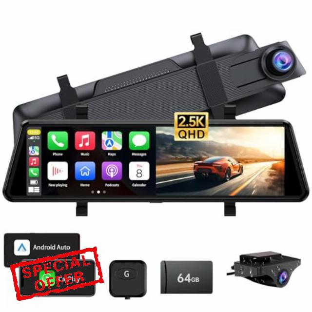 2.5K Mirror Dash Cam Carplay Mirror & Android Auto with Pullable Front Camera