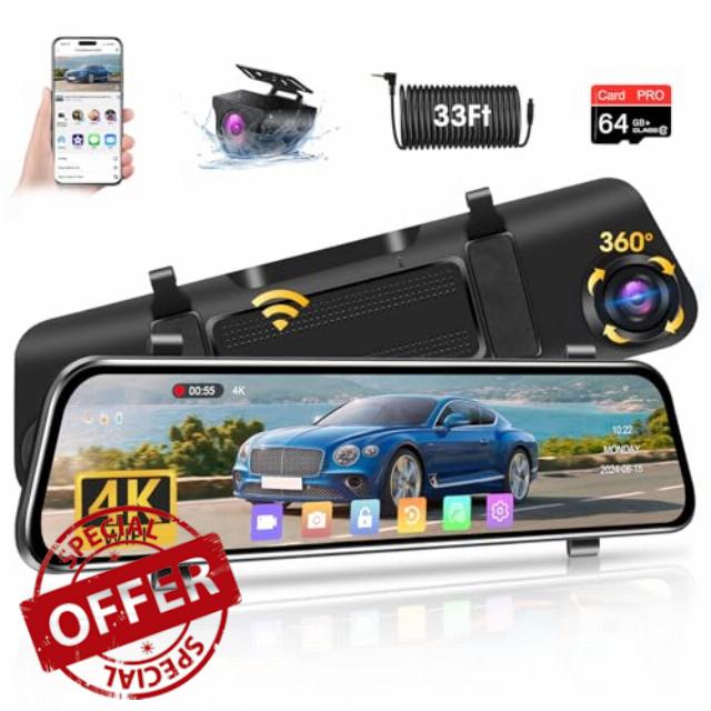2024 Newest 12" 4K Rear View Mirror Camera with WiFi 2160P Mirror Dash Cam Front and Rear Digital Rear View Mirror Backup Camera for Car & Trucks