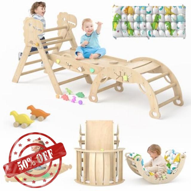 Pikler Triangle Set with Cushion 9 in 1 Climbing Toys for Toddlers 1-3 Indoor Baby Climbing Gym Toddler Montessori Toys Wooden Climbing Toys with Maze Toys