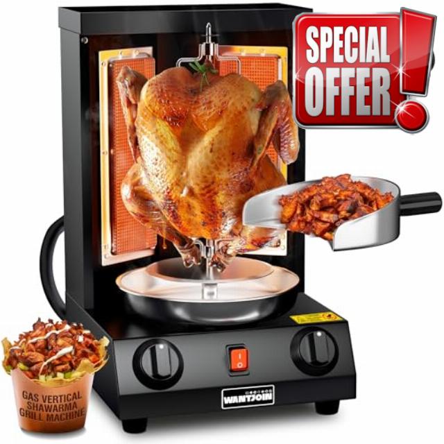 Shawarma Grill Machine - Gas Vertical Rotisserie with 2 Burners for Home