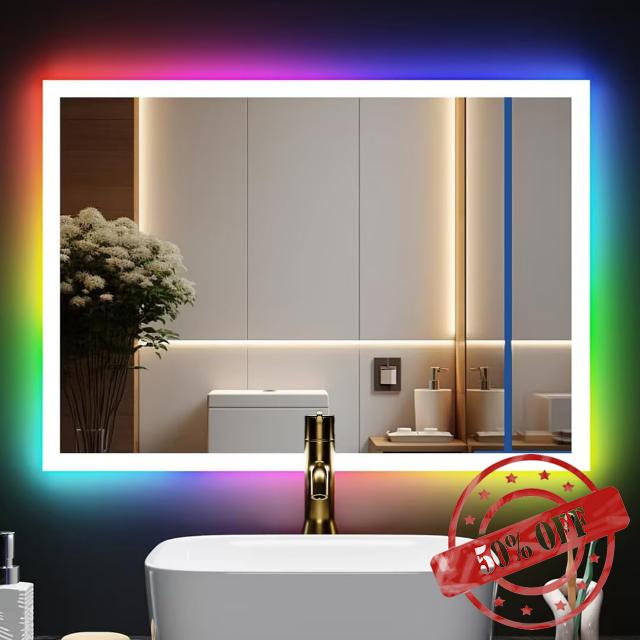 29“x21” Led Bathroom Mirror - 3 Front Lit + 6 RGB Backlit Bathroom Mirror with Lights,Anti-Fog,Shatterproof,Stepless Dimmable,Led Touch Mirror for Bathroom Vanity Wall,Horizontal/Vertical (29IN*21IN)
