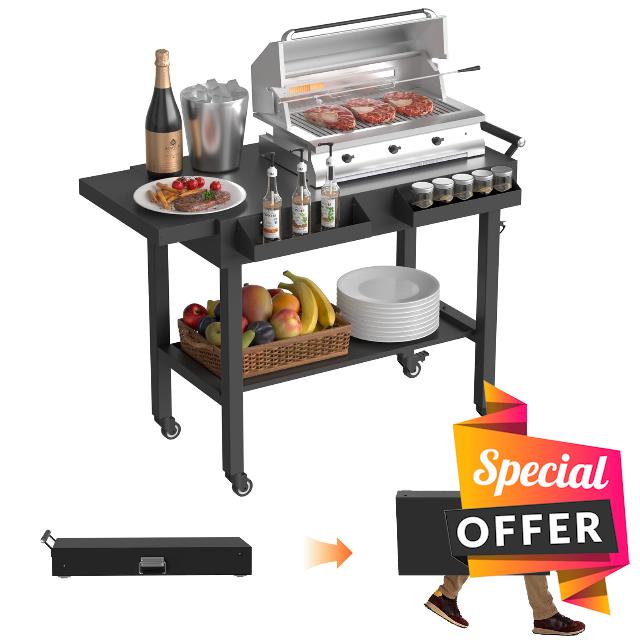 Grill Table Outdoor Grill Table with Wheels Suitable for Outdoor Family Gatherings Bars Camping 33"L x 29" Quick Folding Grill Cart Black