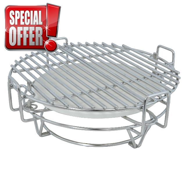 Sunnydaze Half Moon Cooking Grate System - Fits 15" Kamado Egg Grills - Stainless Steel Grill Grate with Ceramic Deflector Plate