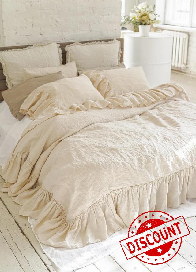 INDACORIFY Cotton Linen Ruffle Duvet Cover Bohemian Bedding 3 Pcs Set Linen Duvet with 2 Pillowcases with Ruffles Softened Comforter Cover Set (King 90X104 Inches)