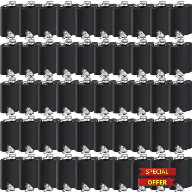 Hoolerry 50 Pcs Hip Flasks for Liquor for Men 8 oz Stainless Steel Flask Pack Liquor Flask with 50 Funnels Leak Proof Whiskey Flask Black Flask for Wedding Party Groomsman Bridesmaid Birthdays Gift