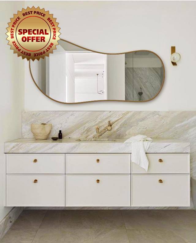 Wall Mirror - Asymmetrical Mirror - Irregular Wooden Framed Wall Mirror - Modern Dressing Mirror for Bathroom Living Room Office Mid Century (Gold