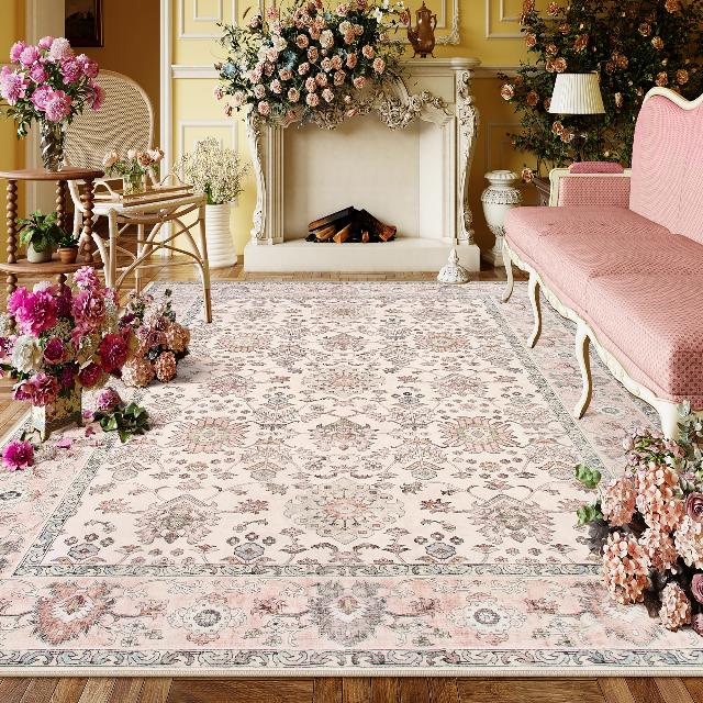 Lahome Pink Floral 8x10 Rug Non Slip