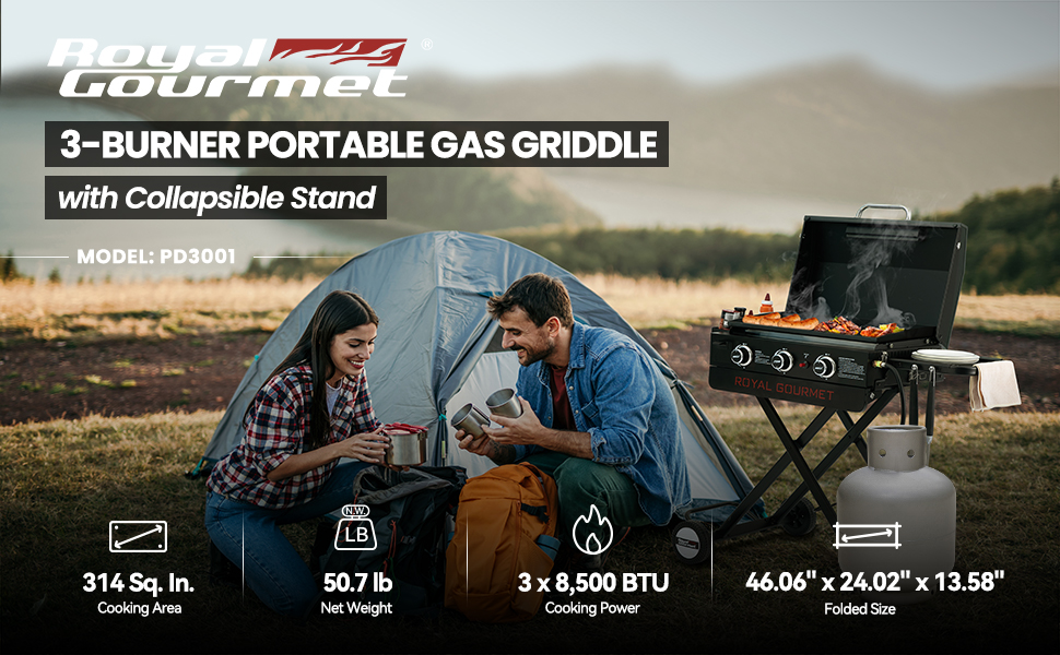3-Burner Propane Gas Griddle with Collapsible Stand PD3001