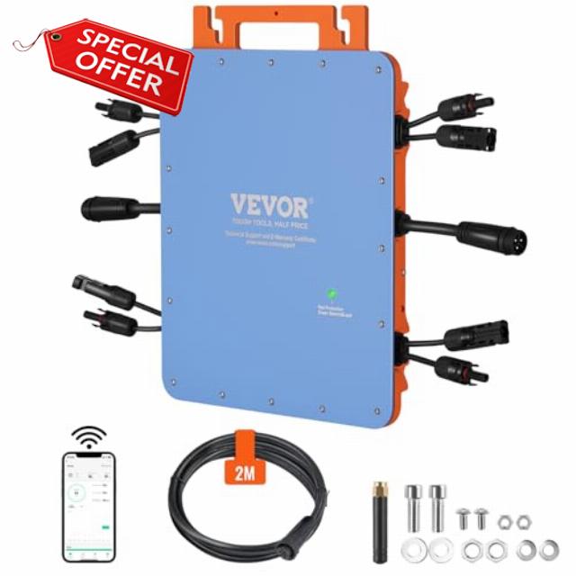 VEVOR Solar Grid Tie Micro Inverter Solar Micro Inverter 1200W Waterproof IP67 Aluminum Alloy Grid Tie Solar Power Inverter DC18-50V Operating Voltage with APP Wifi Antenna Power Cord