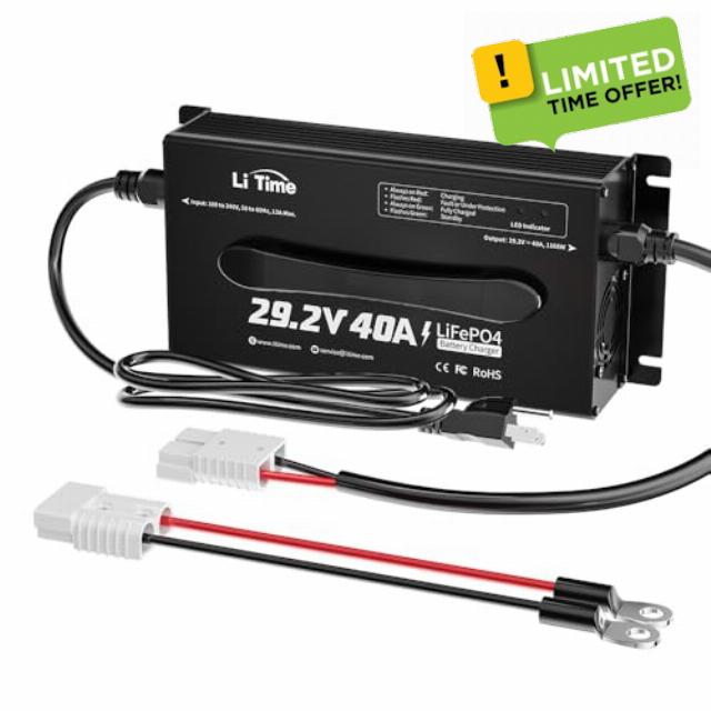LiTime 24 (29.2) Volt 40A Mountable Lithium Battery Charger Intelligent AC-DC LiFePO4 Lithium Battery Smart Charger for 24Volt Lithium Iron Phosphate Batteries