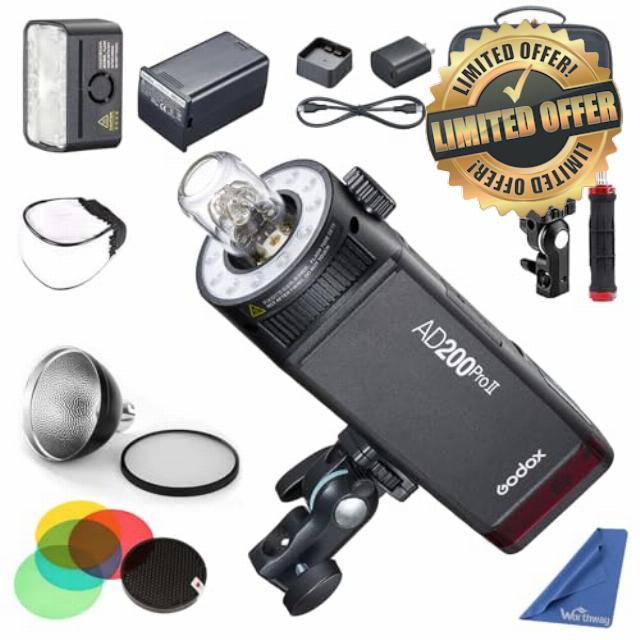 GODOX AD200 Pro II Flash with AD-S2 Standard Reflector Diffuser and AD-S11 Flash Speedlite Accessories Compatible with Canon Nikon Sony Fuji Olympus Panasonic Pentax Camera(GODOX AD200Pro Upgraded)