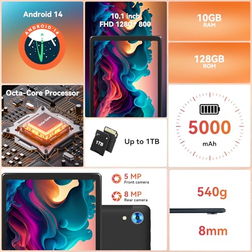 10.1" Android Tablet with Octa-core Processor 10GB RAM 128GB ROM HD IPS Touchscreen 8H Battery