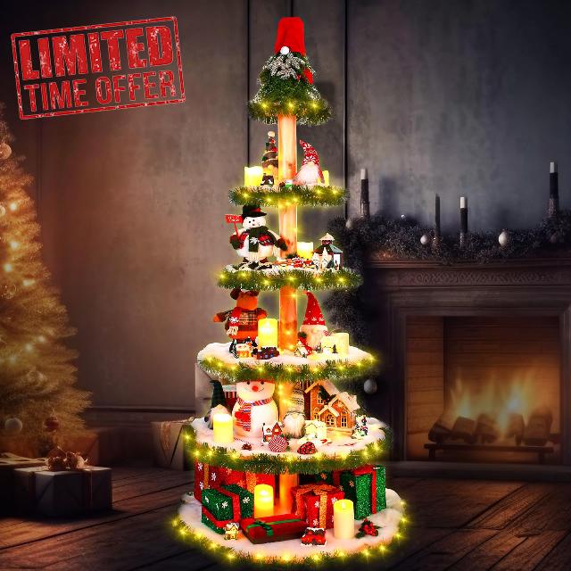 Christmas Village Display Tree Xmas Village Display Stand with Snow Blanket Garland and String Light DIY Wooden Village Display Shelves for Holiday Christmas Decoration(6 Tier