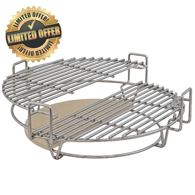 Sunnydaze Half Moon Cooking Grate System - Fits 18" Kamado Egg Grills - Stainless Steel Grill Grate with Ceramic Deflector Plate