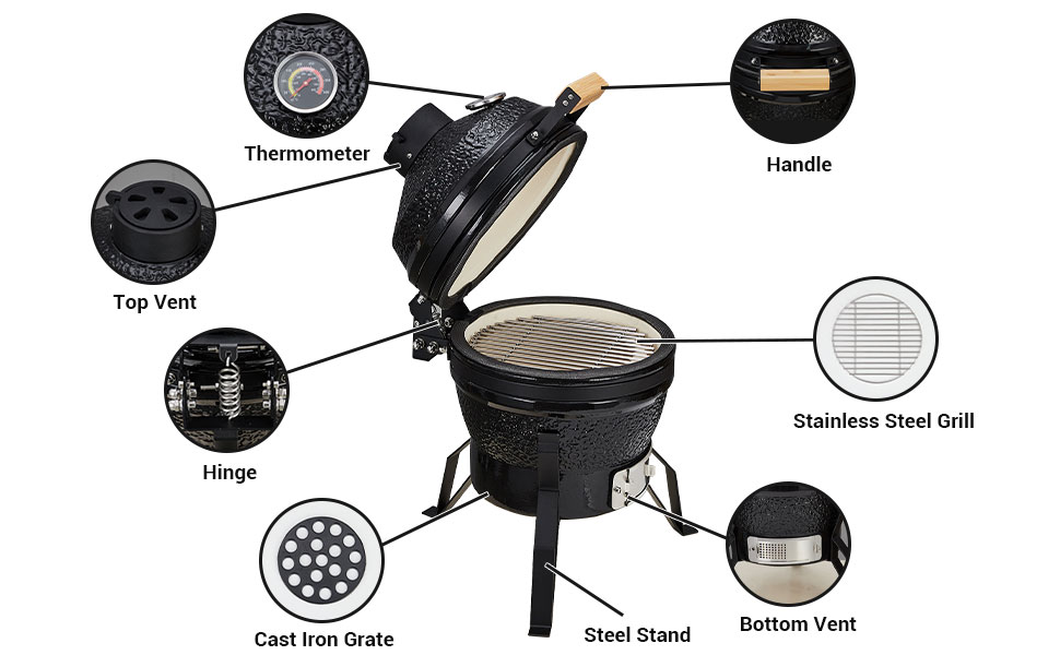 13 Inch Portable Charcoal Grill with Cast Iron Stand and Heat Deflectors