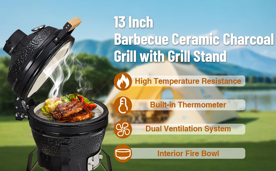 13 Inch Portable Charcoal Grill with Cast Iron Stand and Heat Deflectors