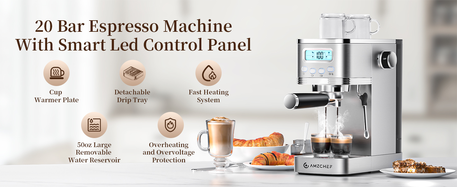 20 Bar Espresso Machine With Smart Led Control Panel