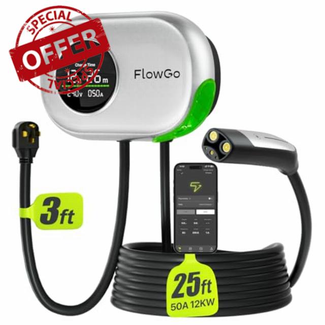 Level 2 Charger for Tesla 50A Smart Home Charger NACS 240V Tesla Charger 50 Apms Large Motion-Activate Display Screen One-Piece Housing Metal Case 25 FT Cable NEMA 14-50 Plug