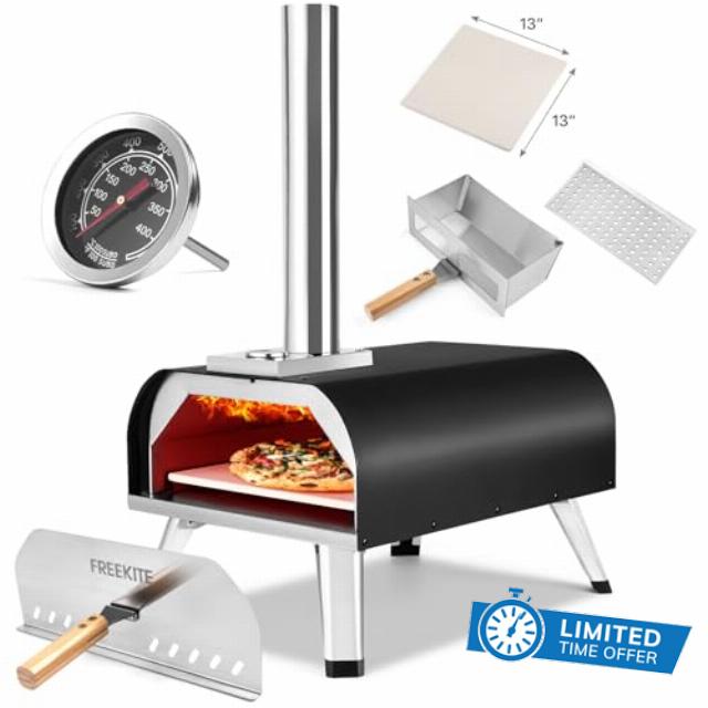 Pizza Oven 13 Inch Outdoor Wood Fired Portable Stainless Steel Pizza Oven with Pizza Stone for Family Outside Cooking Camping Backyard BBQ Pizza Maker Garden Kitchen(black 13IN)
