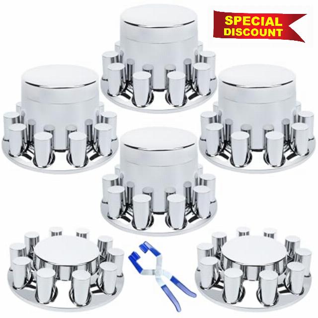 33mm Axle Cover Chrome ABS Flat Top Combo Kit with 33mm Thread-on Lug Nut Covers 2 Front and 4 Rear Axle Wheel Covers and Removable Center Caps for Semi Trucks