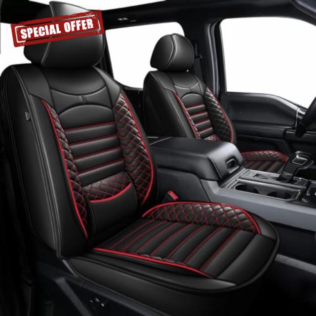 Seat Covers for Ford F150 2009-2024 - F250/F350/F450 2017-2024: 5 Seat Full Set Faux Leather Truck Seat Covers (Black & Red)