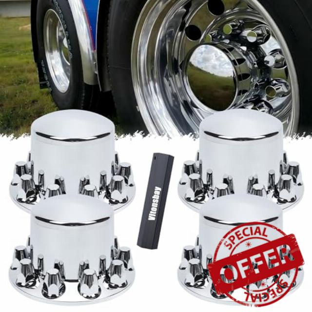 4 Rear Dome Axle Wheel Covers - Rear Hub Covers with 33mm Thread-On Chrome Lug Nut Covers for Semi Truck (Installation Tool Included)