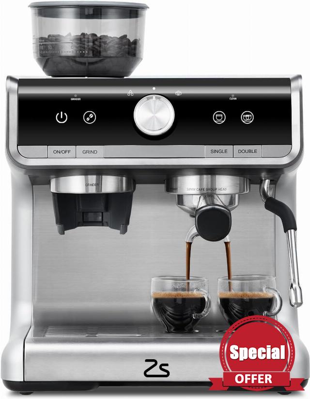 Espresso Machine with Grinder & Milk Frother - 20 Bar Professional Coffee Maker with 95 oz Removable Water Tank for Home Brewing Lattes and Cappuccinos - Stainless Steel