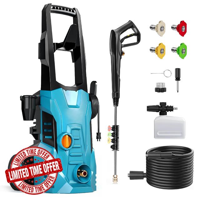 Pressure Washer with 16ft Power Cord & 50ft Outlet Hose & 4 Quick Nozzles