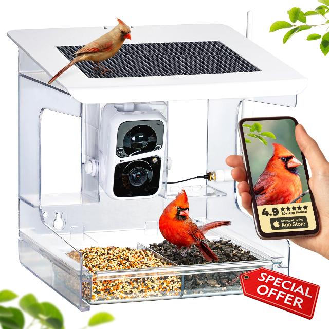 Smart Bird Feeder with Camera –Sliding Feed Tray for Effortless Refill –Transparent for 360 Views –3MEGAPIXEL Images –2K HD+ Video Bird Feeder –Solar-Powered for Bird Lovers