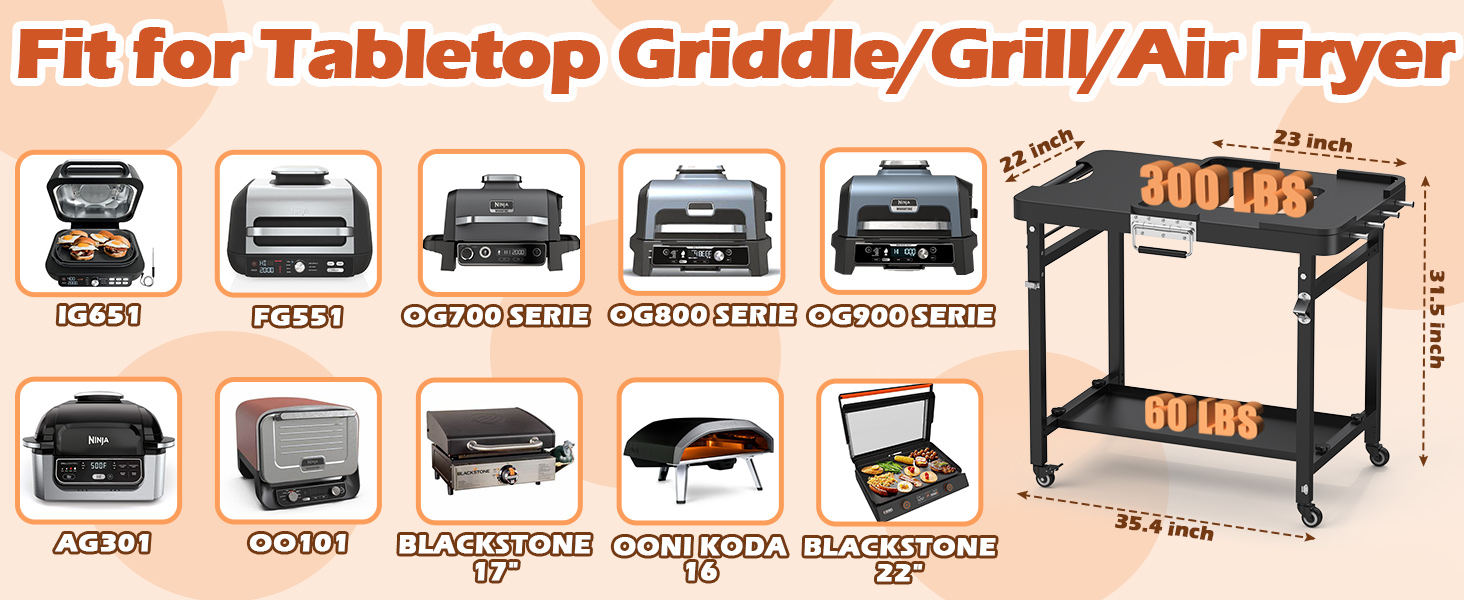 Folding Grill Table for Ninja Woodfire 8-in-1 OO101 Pizza Oven with Wheels