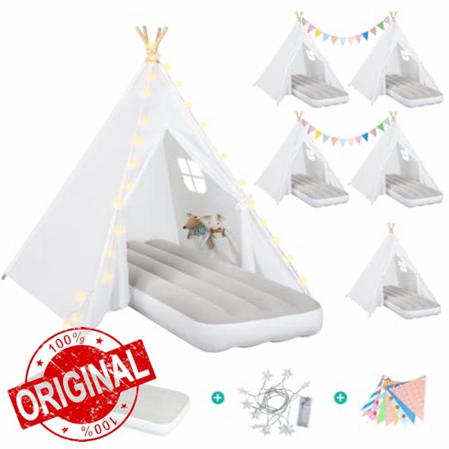Teepee Tent for Kids Slumber Party 6 Pack - Inflatable Airbed & Star Lights & Colored Flag - Indoor Outdoor Toddler Play Tent for Girls Boys Birthday Gifts Sleepover Party (White)